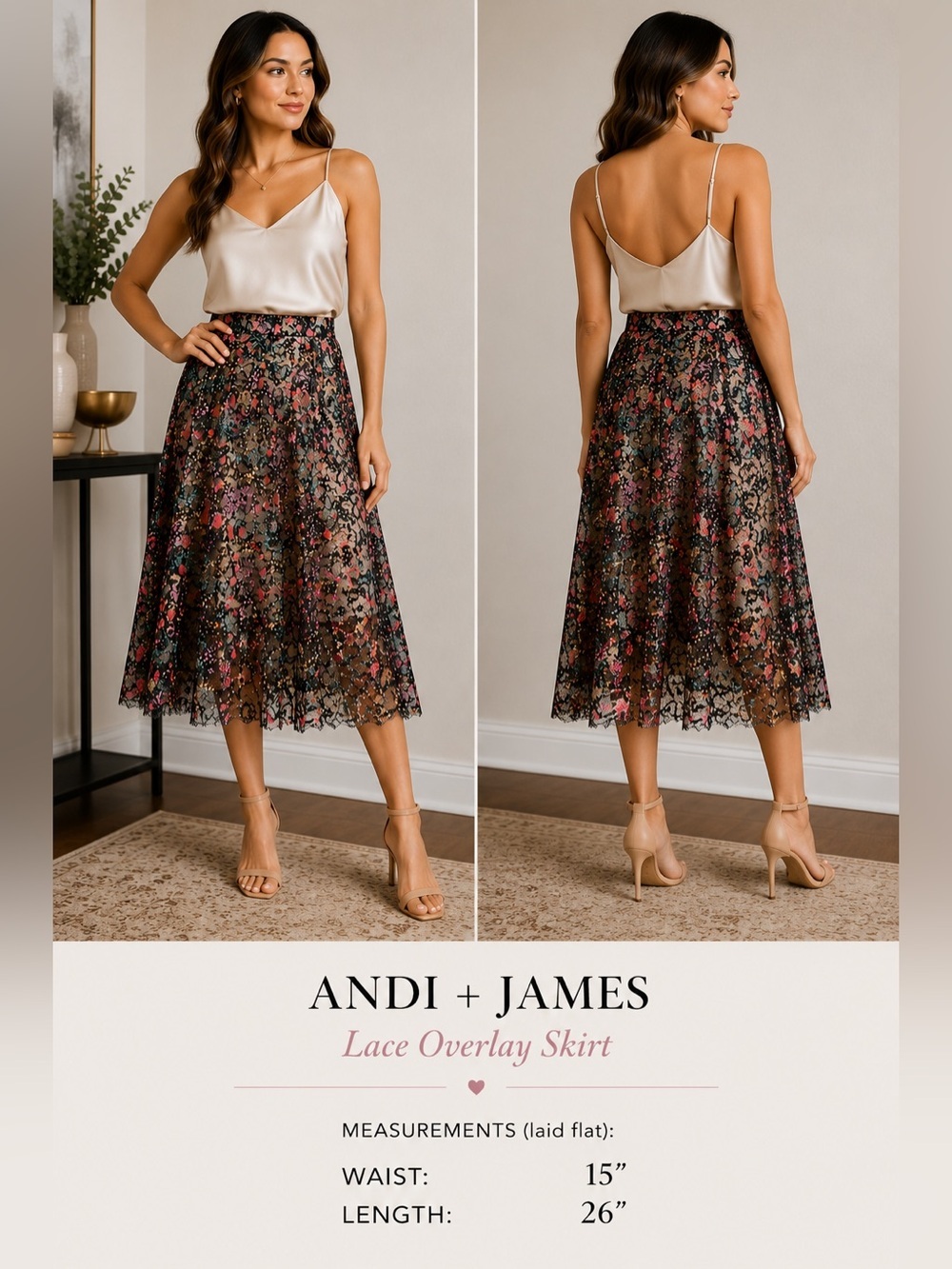 Andi + James Black Multi Floral Lace Midi Skirt Size Medium